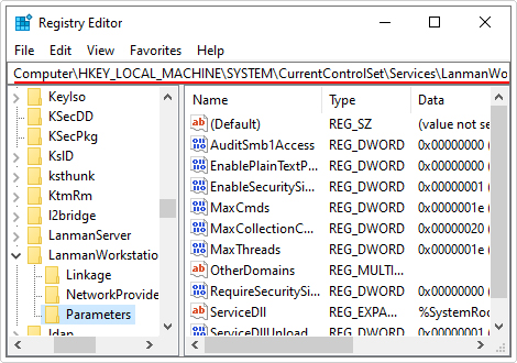 go to LanmanWorkstation\Parameters registry path