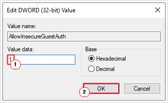 set AllowInsecureGuestAuth value data to 1
