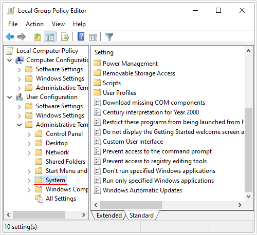 go to User Configuration > Administrative Templates > System in group policy editor