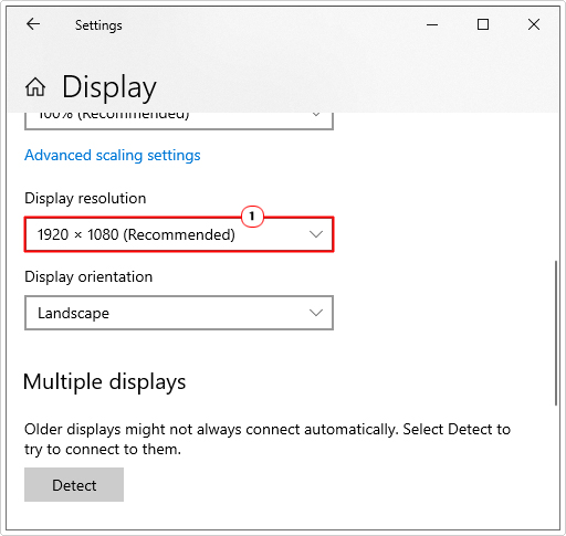 set display resolution to recommended in display