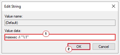 put msiexec /i "%1" into value data box of default string