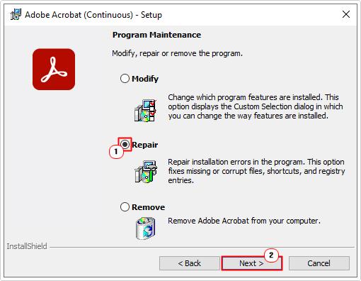 click on repair option then select next