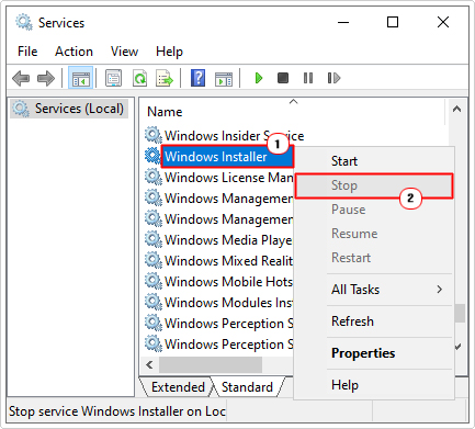 right click on Windows Installer and select stop