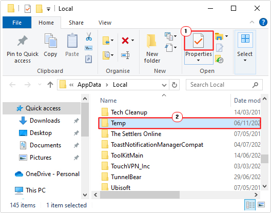 click on temp in local folder and select properties