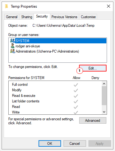 click on edit in temp properties of security tab