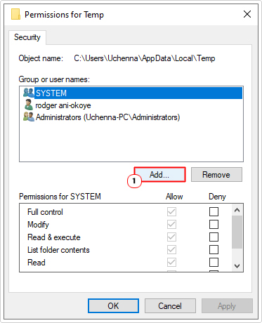 click on add in Permissions for Temp