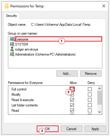 click on everyone then select allow for full control in permissions box