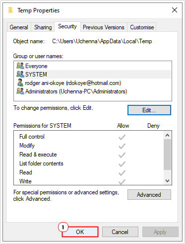click on OK for Temp Properties