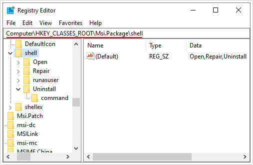go to Computer\HKEY_CLASSES_ROOT\Msi.Package\shell in registry editor