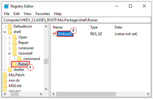 double click on (Default) in runas