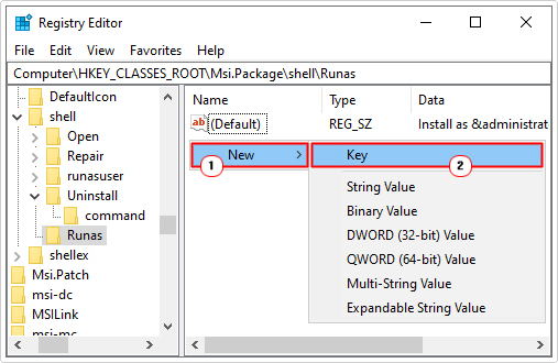 create new key in Runas