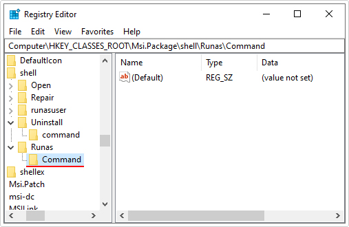 name new key Command in runas