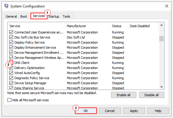 un-tick DNS Client in services then click on OK