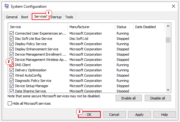 tick DNS Client in services then click on OK