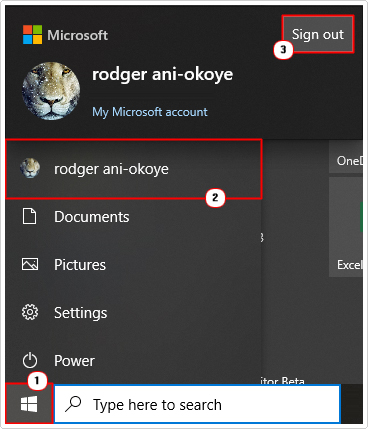 sign out of user profile from start menu