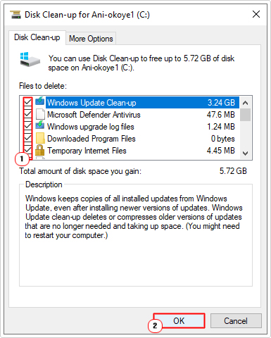 select all files to delete in system files then click on OK