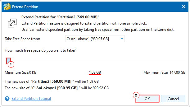 in Extend Partition set the system reserved partition to 1GB