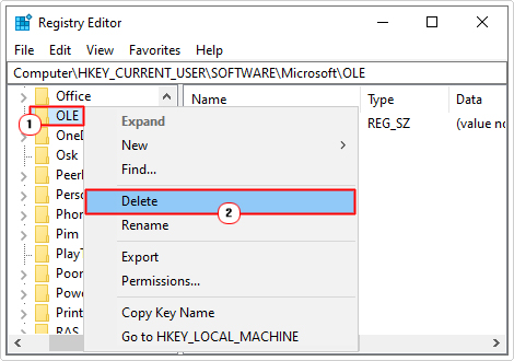 Delete OLE key in \Software\Microsoft
