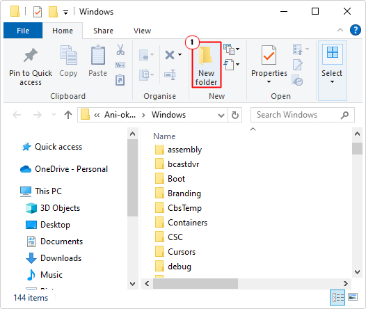 click on new folder in Windows directory