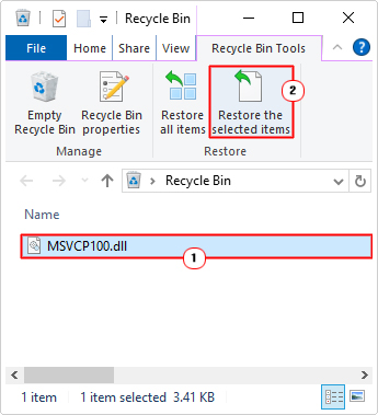 select MSVCP100.DLL in the recycle bin then click on Restore the selected items