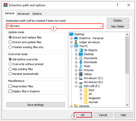 type x:\drivers into destination path of Extraction path and options