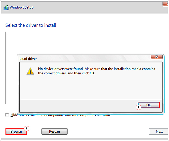 click on ok for the No Device Drivers Were Found and select browse