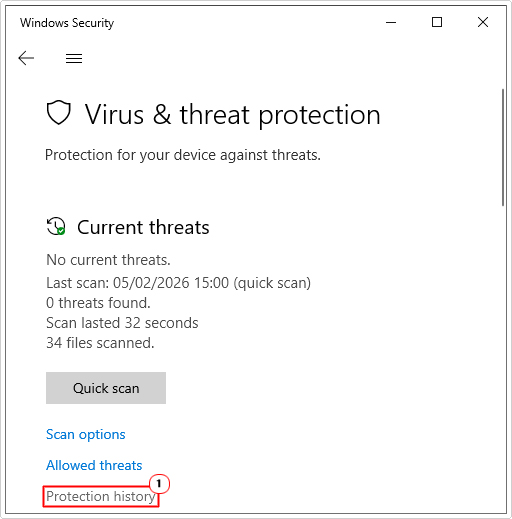 click on protection history in Virus & threat protection