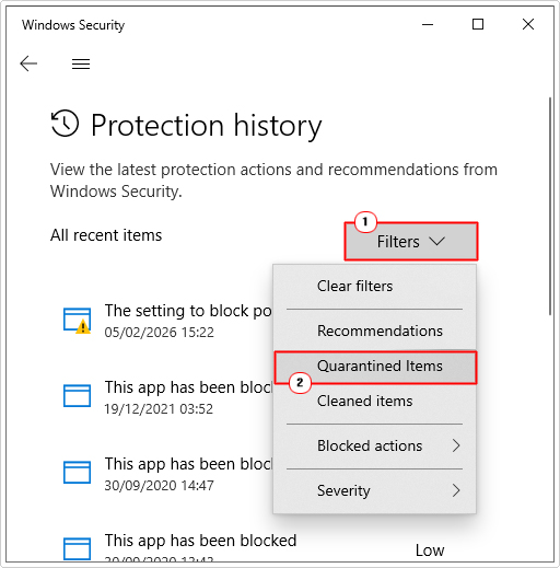 select Quarantined Items in filters