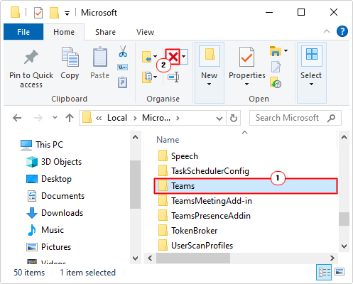 delete teams in the Microsoft folder