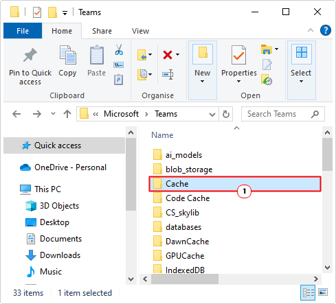 open the Cache folder in teams