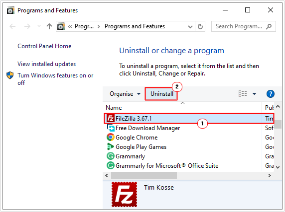 uninstall app in Programs and Features