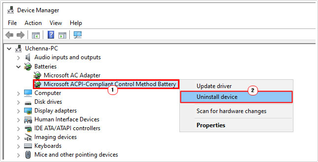 uninstall Control Method Battery device in device manager