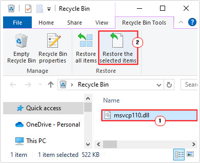 restore the Msvcp110.dll file from recycle bin
