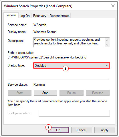 set startup type to disabled for Windows Search 