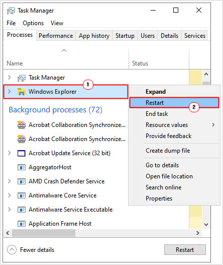 restart Windows Explorer in Task Manager