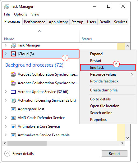 close iCloud in windows task manager