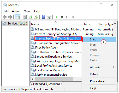 Start Internet Explorer ETW Collector Service in services