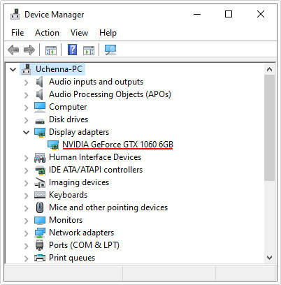 click on Display adapters in device manager