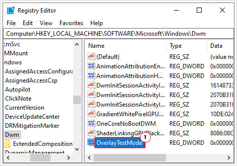 name dword OverlayTestMode and double-click on it in dwm path