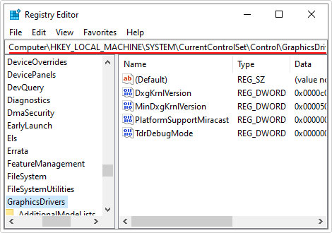 navigate to Control\GraphicsDrivers registry path