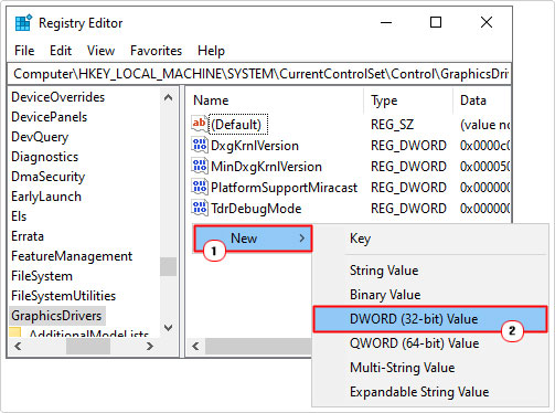 create new dword in GraphicsDrivers registry path