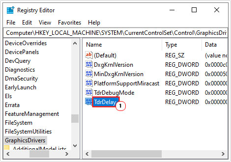 name new dword TdrDelay in GraphicsDrivers registry path