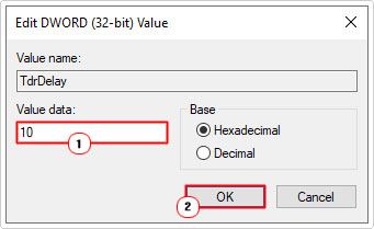 set TdrDelay value data to 10 or above