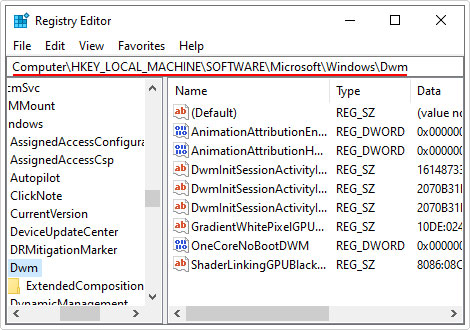 go to Microsoft\Windows\Dwm registry path