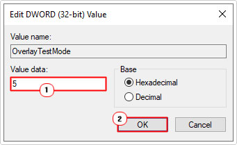 set OverlayTestMode value data to 5