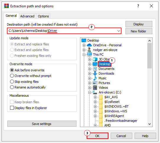 copy .cab contents to driver folder on desktop
