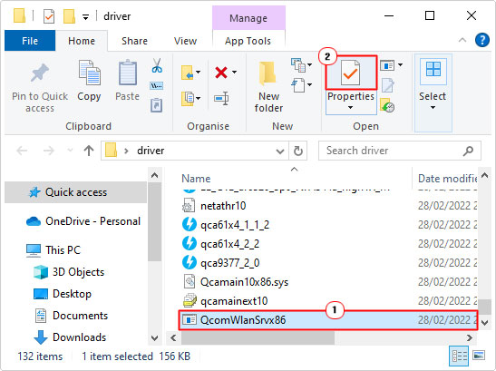 click on properties after selecting QcomWlanSrvx86.exe