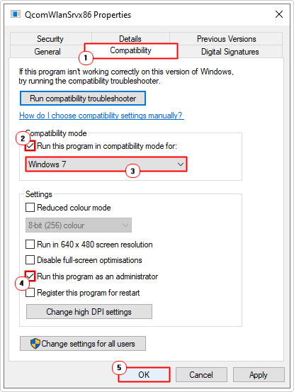 in QcomWlanSrvx86 Properties set it to compatibility mode for Windows 7 and run as administrator. 