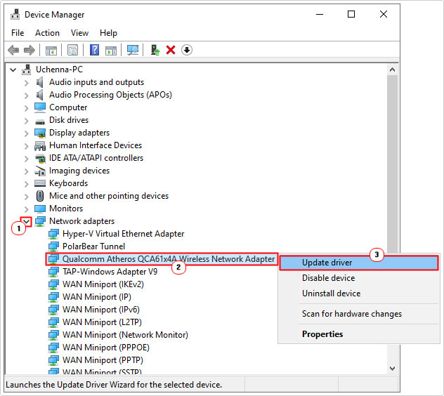 select Qualcomm Atheros Qca61x4a in device manager and click on update drivers