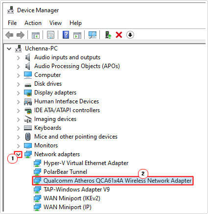 double-click on Qualcomm Atheros Qca61x4a in device manager